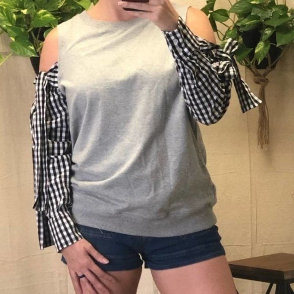 Lea & Viola Sweatshirt with gingham sleeve medium